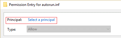 haga clic en seleccionar un principal en la entrada de permiso para el archivo autorun.inf
