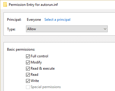 seleccione Control total bajo permiso básico para la entrada de permiso