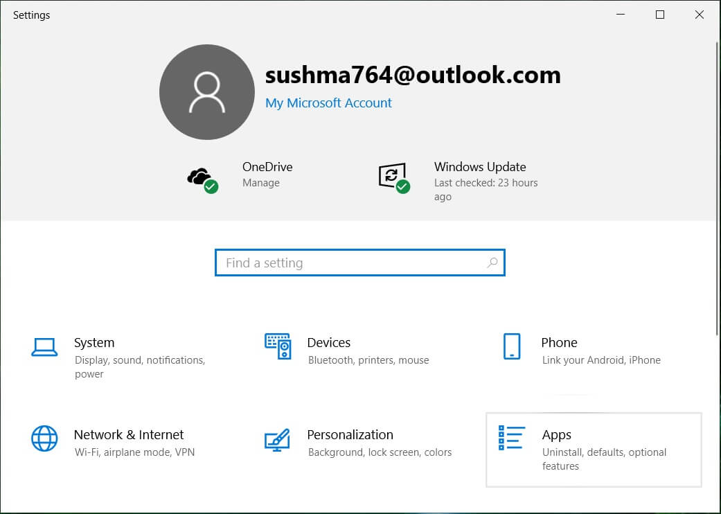 Presione la tecla de Windows + I para abrir Configuración y luego haga clic en Aplicaciones |  Cómo deshabilitar Skypehost.exe en Windows 10