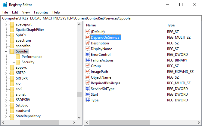 Encuentre la clave de registro DependOnService en Spooler