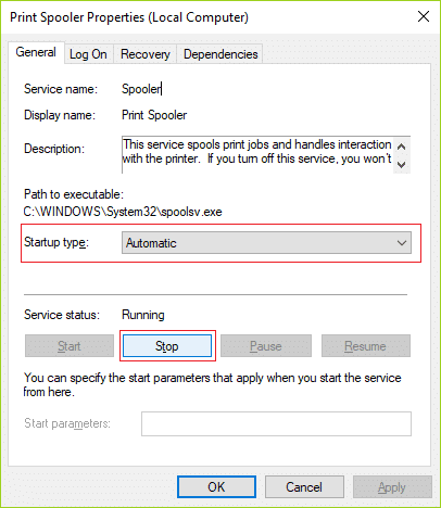 Asegúrese de que el Tipo de inicio esté configurado en Automático para el administrador de trabajos de impresión