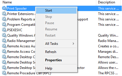 Haga clic derecho en el servicio Print Spooler y seleccione Iniciar