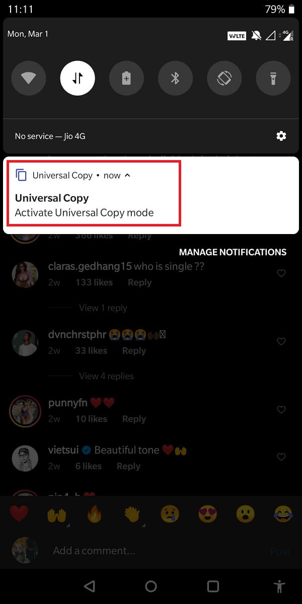 Luego, en la barra de notificaciones, seleccione 'Modo de copia universal'.  |  Cómo copiar subtítulos, comentarios y biografía de Instagram