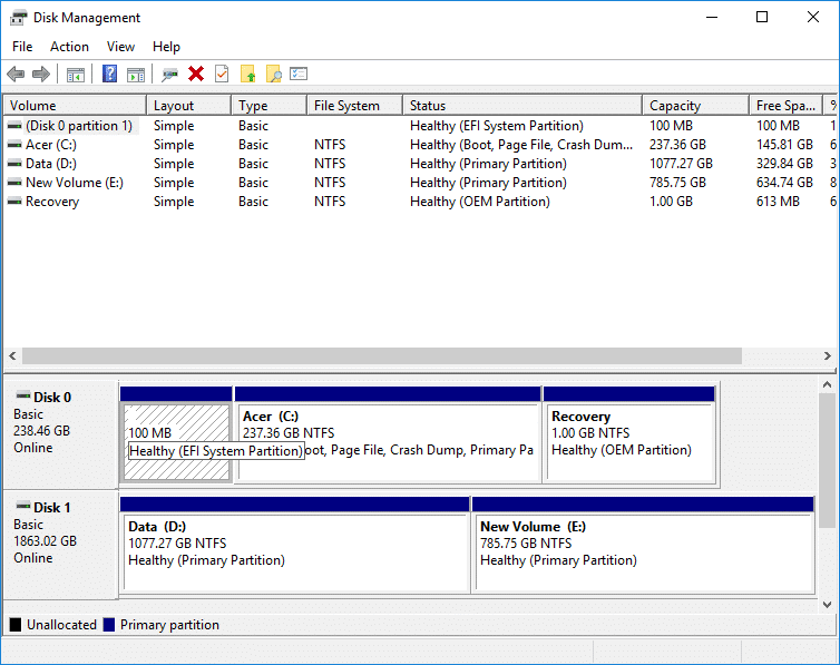Verifique si su PC está usando UEFI o BIOS heredado usando Administración de discos