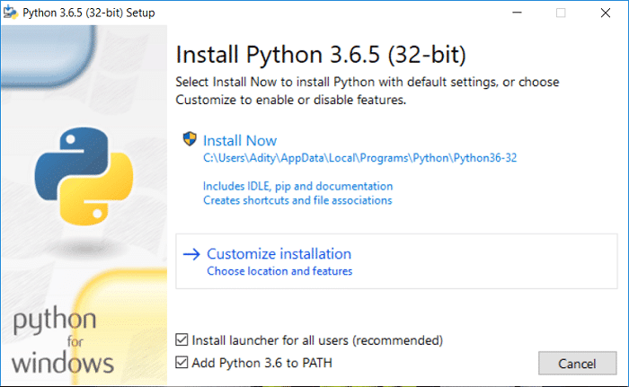 Marque 'Agregar Python 3.6 a PATH' y luego haga clic en Personalizar instalación