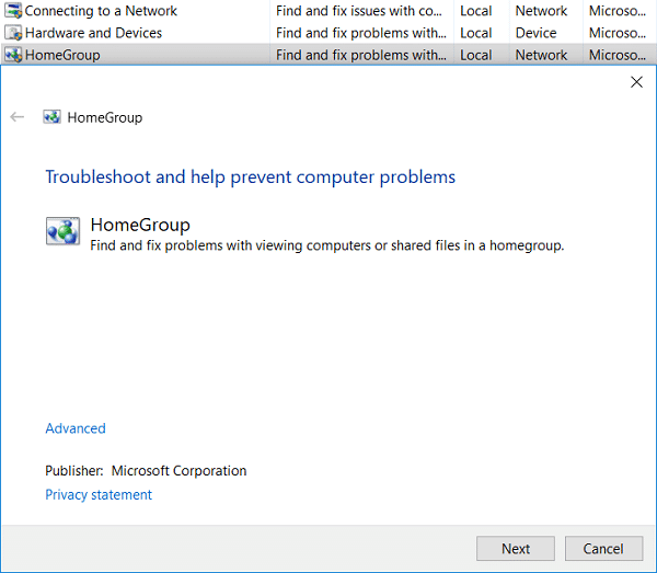 Haga clic en Homegroup de la lista para ejecutar el Solucionador de problemas de Homegroup