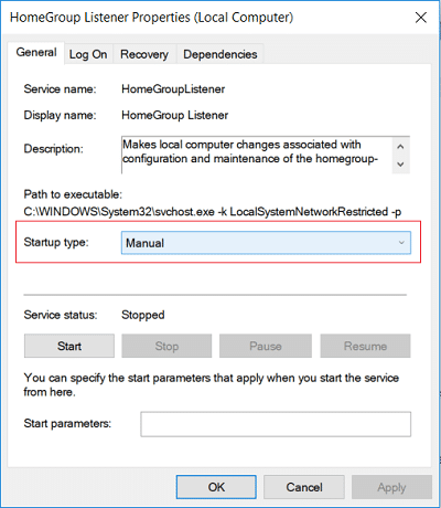 En el menú desplegable Tipo de inicio, seleccione Manual para HomeGroup