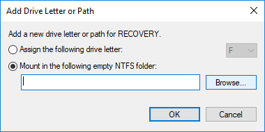 Seleccione Montar en la siguiente opción de carpeta NTFS vacía y luego haga clic en Examinar