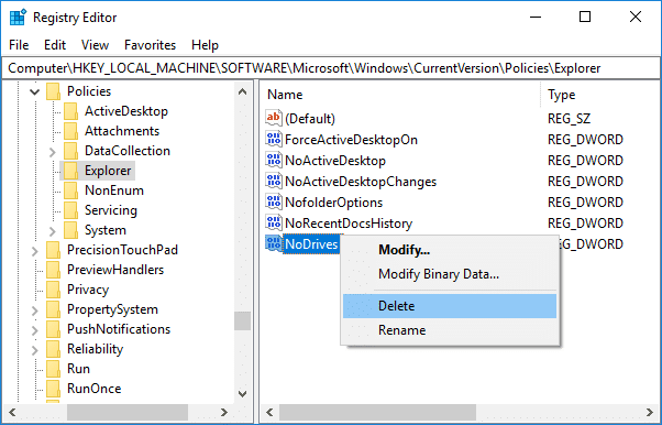 Para mostrar la unidad, simplemente haga clic derecho en NoDrives y seleccione Eliminar |  Cómo ocultar una unidad en Windows 10