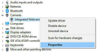 Haga clic derecho en Cámara web integrada en Cámaras y seleccione Propiedades