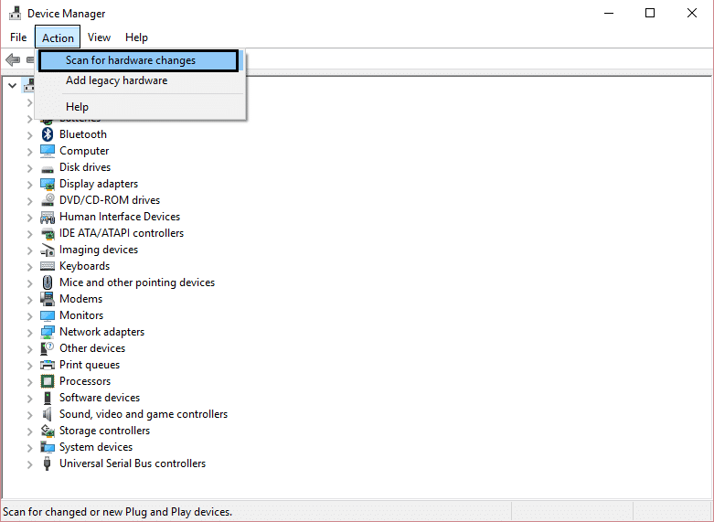 escaneo de acción para cambios de hardware