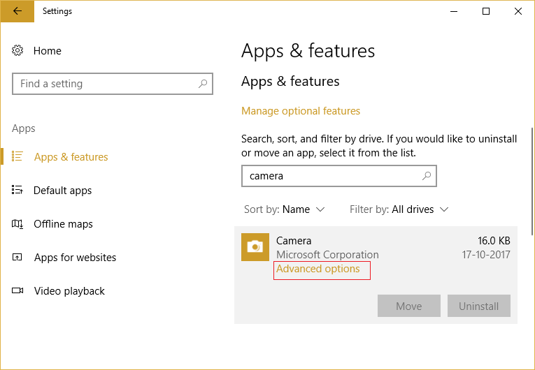 En Cámara, haga clic en Opciones avanzadas en Aplicaciones y características