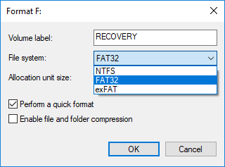 Seleccione los sistemas de archivos de FAT, FAT32, exFAT, NTFS o ReFS, según su uso