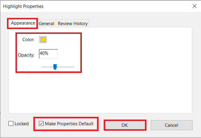 marque la opción 'Hacer que las propiedades sean predeterminadas' y luego haga clic en Aceptar.  |  ¿Cómo cambiar el color de resaltado en Adobe Acrobat Reader?