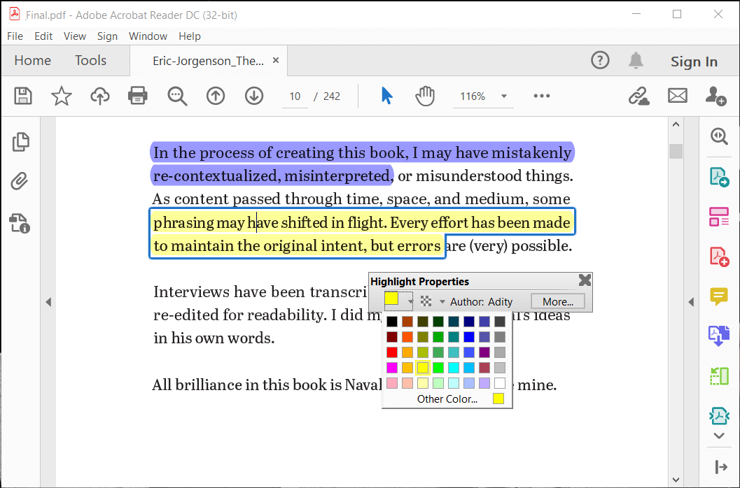 Cambiar el color de resaltado usando la herramienta de resaltado en la barra de herramientas de propiedades