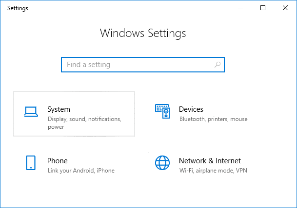 Presione la tecla de Windows + I para abrir Configuración y luego haga clic en Sistema |  Cómo corregir el escalado de aplicaciones borrosas en Windows 10