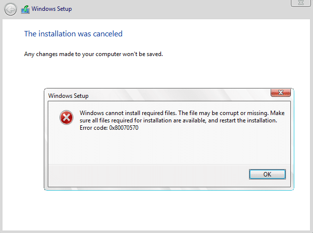 Reparar Windows no puede instalar los archivos requeridos 0x80070570