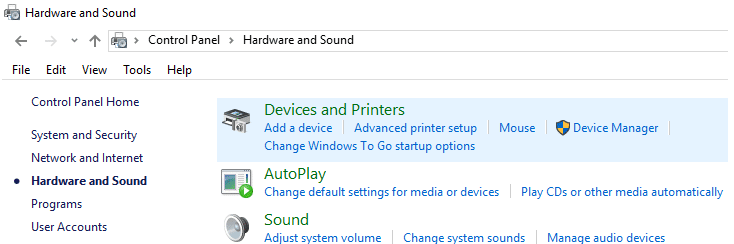 Haga clic en Dispositivos e impresoras en Hardware y sonido