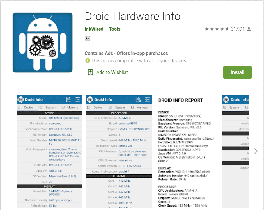 Información del hardware del droide