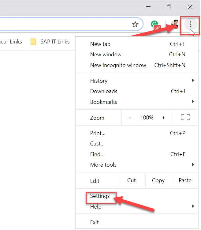 Abra Google Chrome, luego, desde la esquina superior derecha, haga clic en los tres puntos y seleccione Configuración