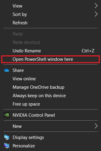 Haga clic en 'Abrir ventana de PowerShell aquí' para acceder a la ventana de comandos