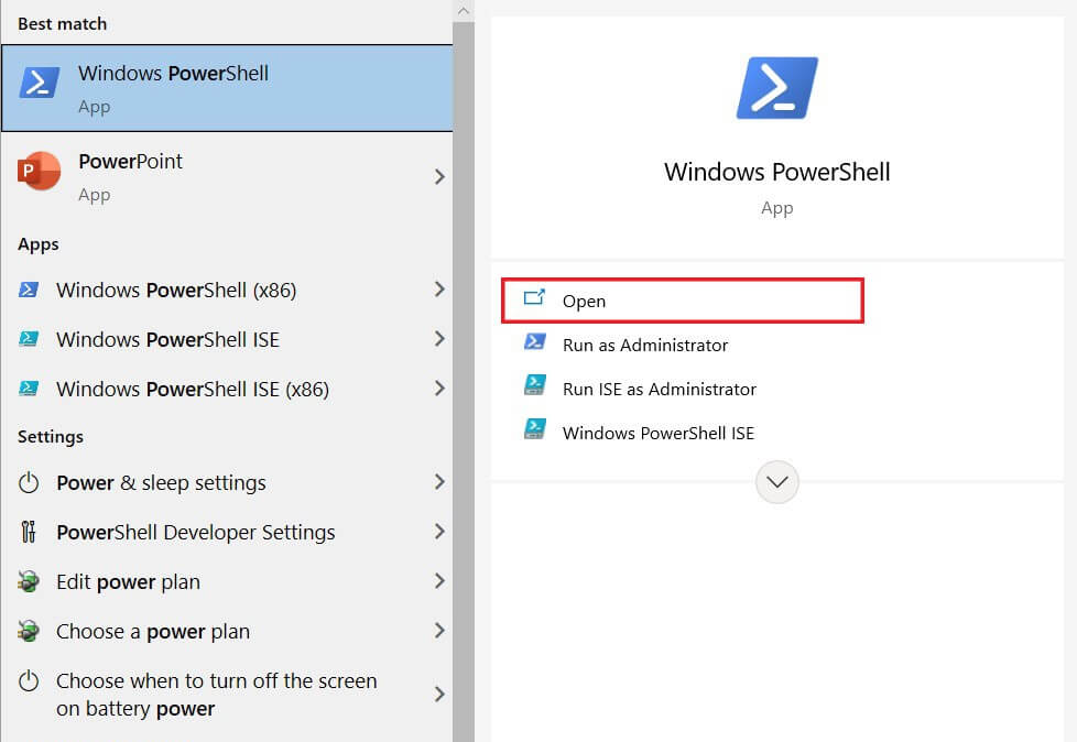 Busque 'PowerShell' y abra las aplicaciones de Windows PowerShell