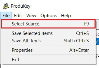 En la esquina superior izquierda, haga clic en 'Archivo' y luego haga clic en Seleccionar fuente |  Encuentre su clave de producto de Windows 10