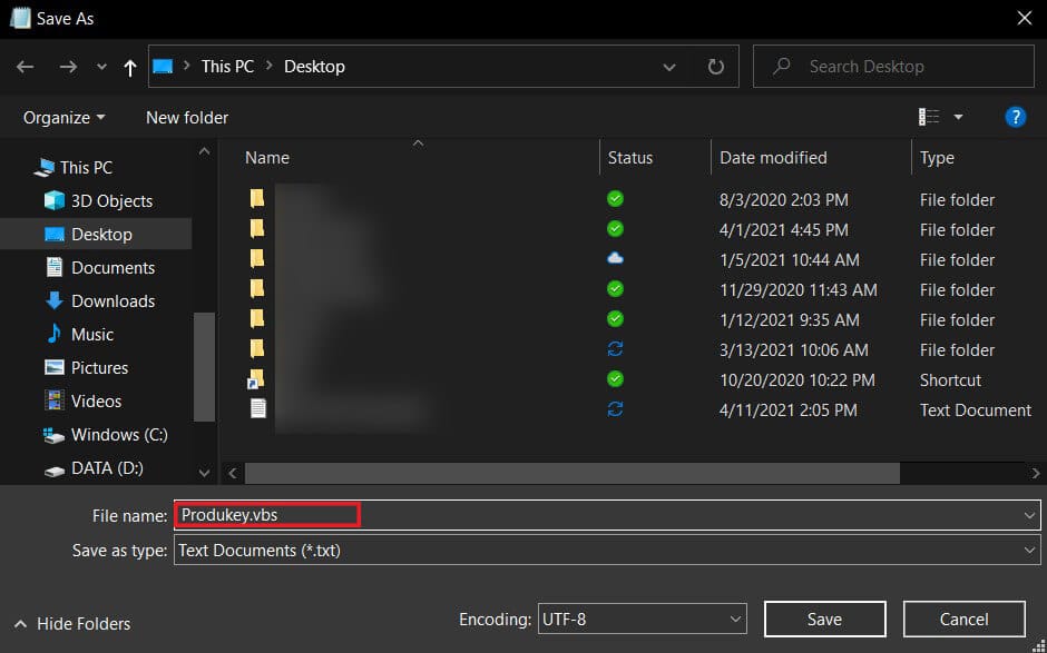 Guarde el archivo con el siguiente nombre:vbs |  Encuentre su clave de producto de Windows 10