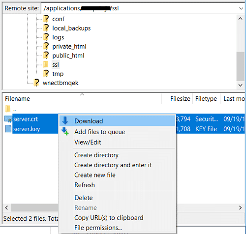 Descargue server.crt y server.key de la carpeta SSL de su hosting |  Cómo agregar SSL de Let's Encrypt a un dominio personalizado de MaxCDN