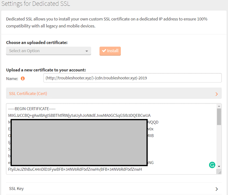 Campo Certificado SSL (Cert) en MaxCDN Dedicated SSL