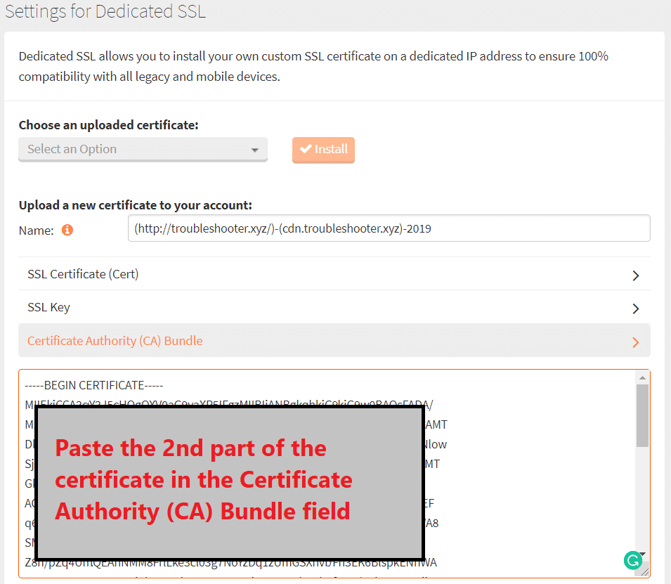 Copie la segunda parte del certificado del servidor y péguelo dentro del campo Paquete de la Autoridad de certificación (CA)