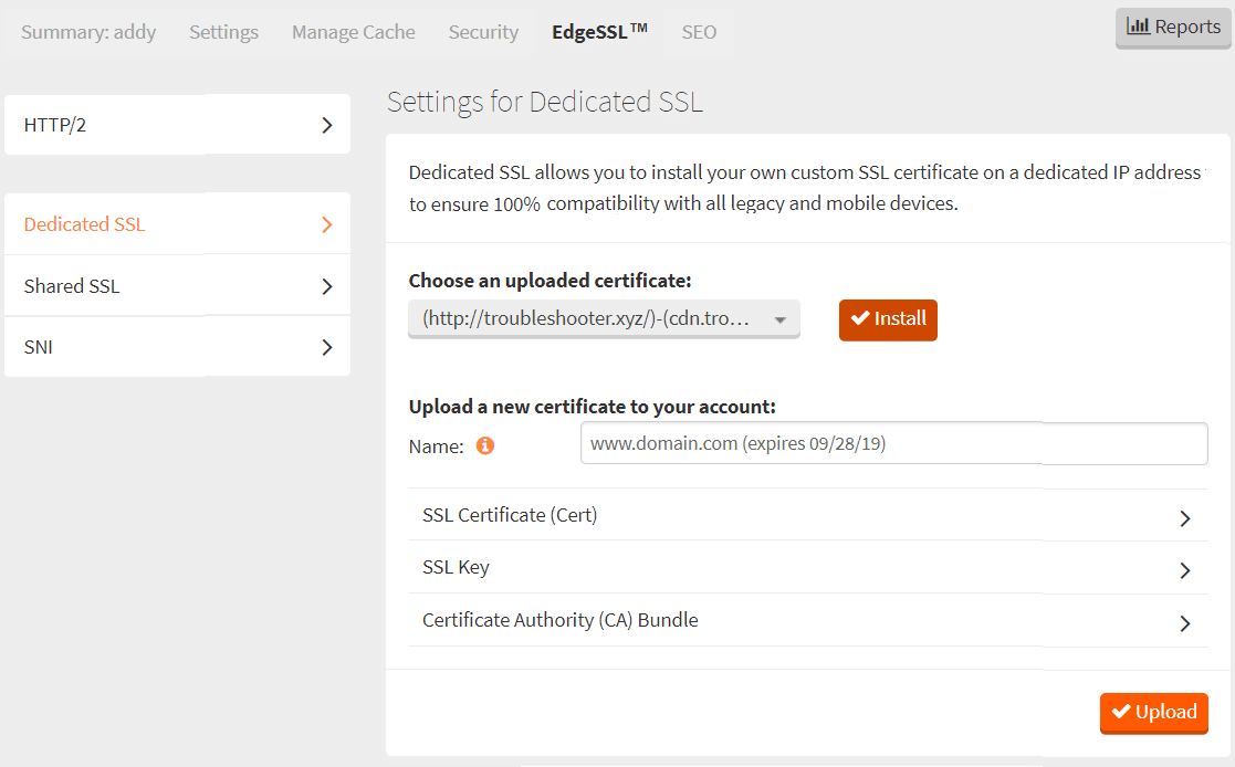 En el menú desplegable Elegir un certificado cargado, seleccione el certificado y haga clic en Instalar |  Cómo agregar SSL de Let's Encrypt a un dominio personalizado de MaxCDN