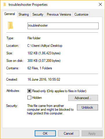 Desbloquear archivo en Propiedades de carpeta