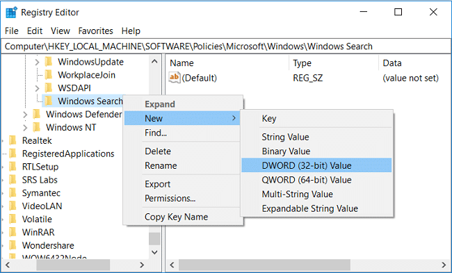 Haga clic con el botón derecho en Búsqueda de Windows y luego seleccione Nuevo y Valor DWORD (32 bits)