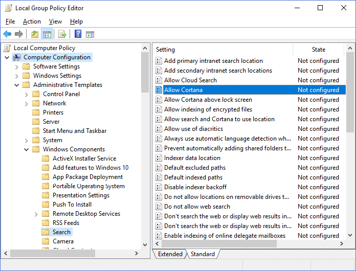 Navegue a Componentes de Windows, luego busque y luego haga clic en Permitir política de Cortana