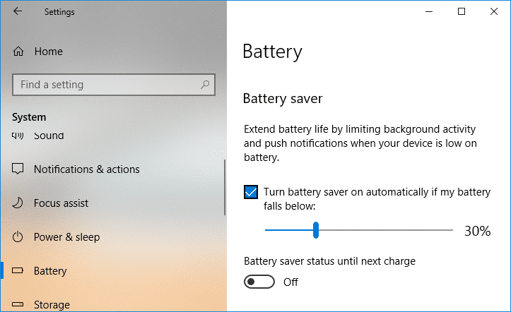 Marca de verificación Activar el ahorro de batería automáticamente si mi batería cae por debajo