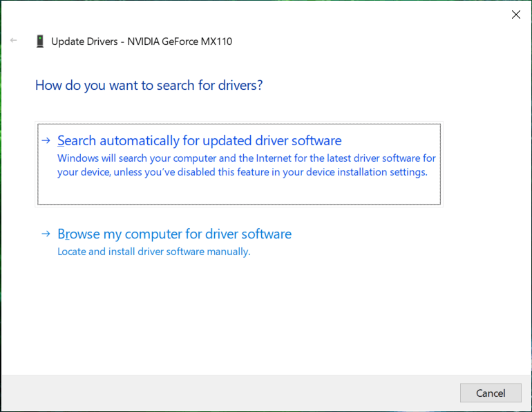 Seleccione Buscar automáticamente el software del controlador actualizado |  El controlador de pantalla dejó de responder y recuperó el error [SOLVED]