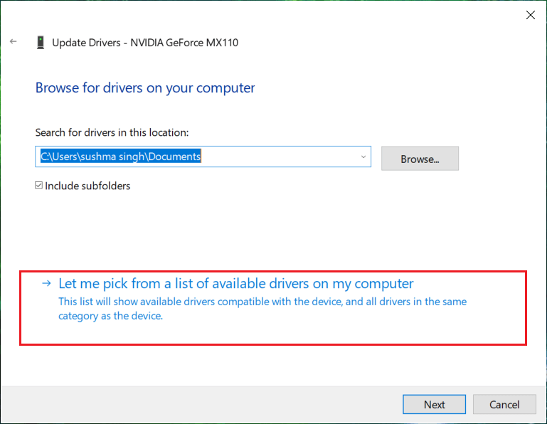 Seleccione Permitirme elegir de una lista de controladores de dispositivos en mi computadora