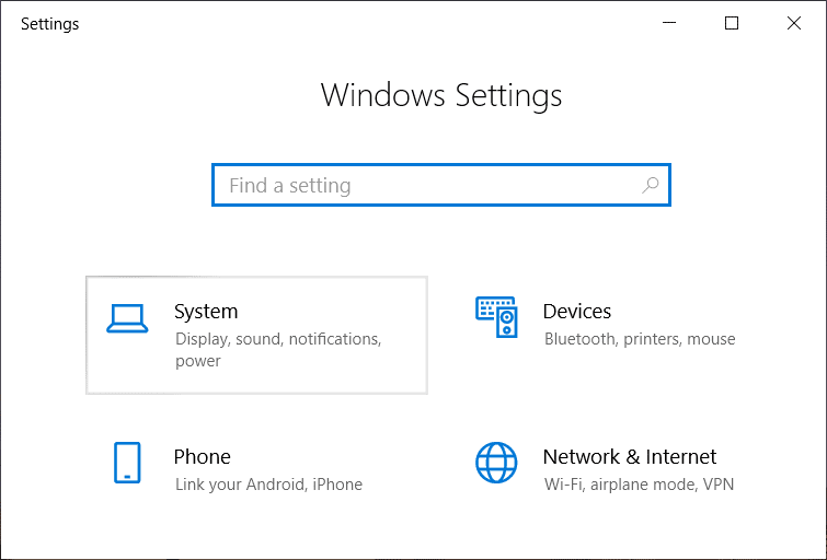 Presione la tecla de Windows + I para abrir Configuración y luego haga clic en Sistema |  Cómo habilitar o deshabilitar el brillo adaptable en Windows 10