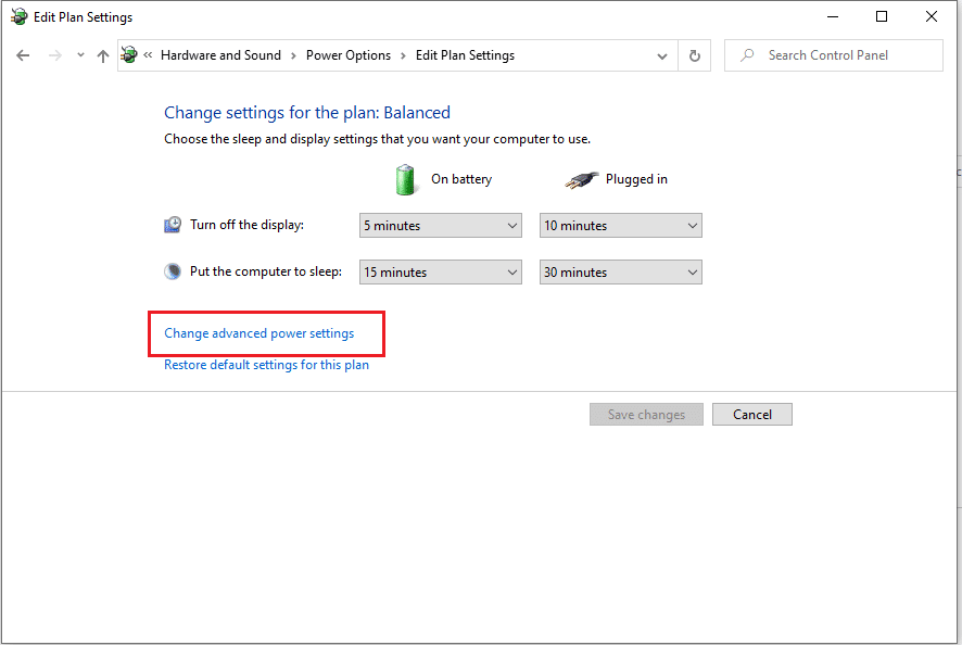 seleccione el enlace para 'Cambiar la configuración avanzada de energía' | Cómo habilitar o deshabilitar el brillo adaptable en Windows 10