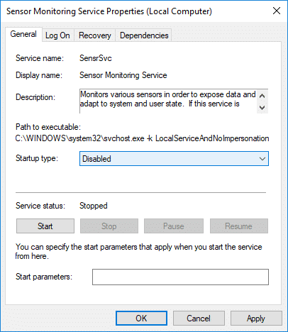 Establezca el tipo de inicio en Deshabilitado en Servicio de monitoreo de sensor |  Cómo habilitar o deshabilitar el brillo adaptable en Windows 10