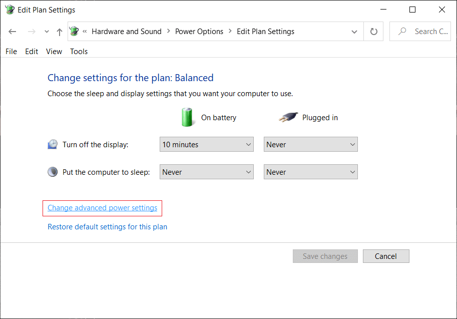 Haga clic en Cambiar la configuración avanzada de energía en la parte inferior |  Fix no puede ajustar el brillo de la pantalla en Windows 10