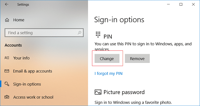 Haga clic en Cambiar en las opciones de inicio de sesión con PIN / FIX Su cuenta de Microsoft no se cambió a una cuenta local 0x80070003