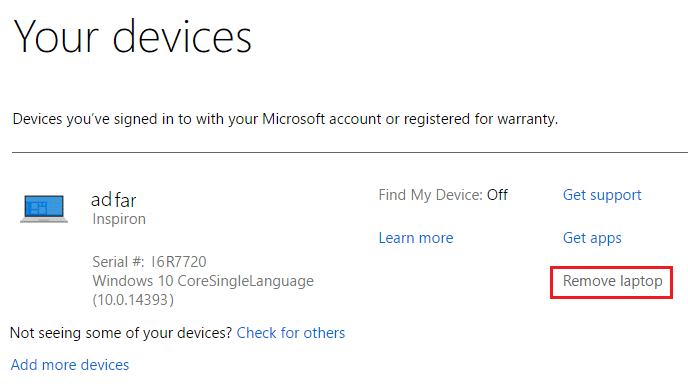 haga clic en eliminar computadora portátil debajo de su dispositivo Windows