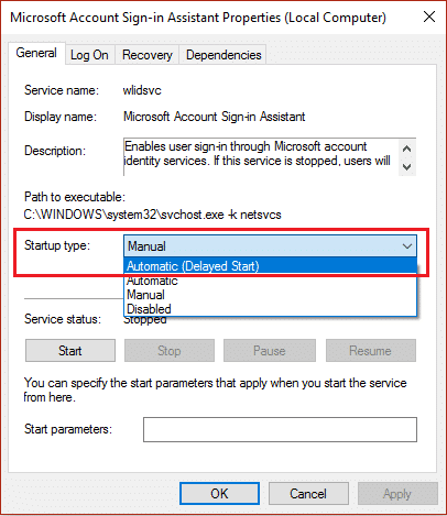 configure el tipo de inicio en Automático (Inicio retrasado)