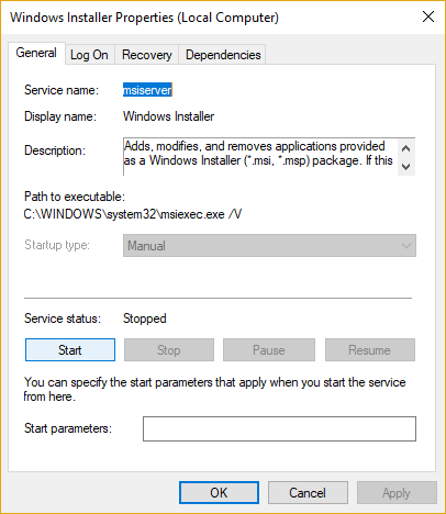 Haga clic en Iniciar si el servicio de Windows Installer aún no se está ejecutando.