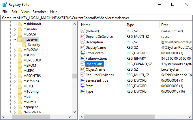 Haga doble clic en ImagePath debajo de la clave de registro de mserver