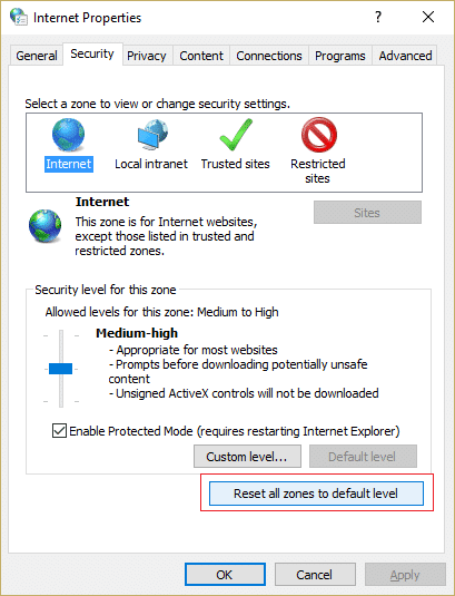 Haga clic en Restablecer todas las zonas al nivel predeterminado en la configuración de seguridad de Internet