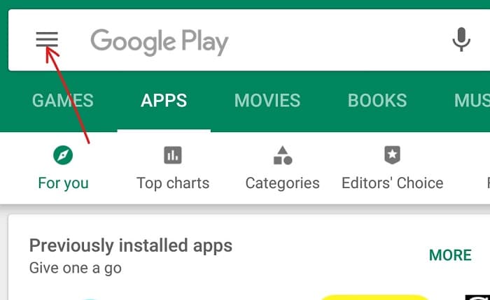 Haga clic en el icono de tres líneas disponible en la esquina superior izquierda de Playstore