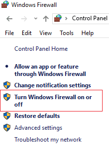 haga clic en Activar o desactivar Firewall de Windows